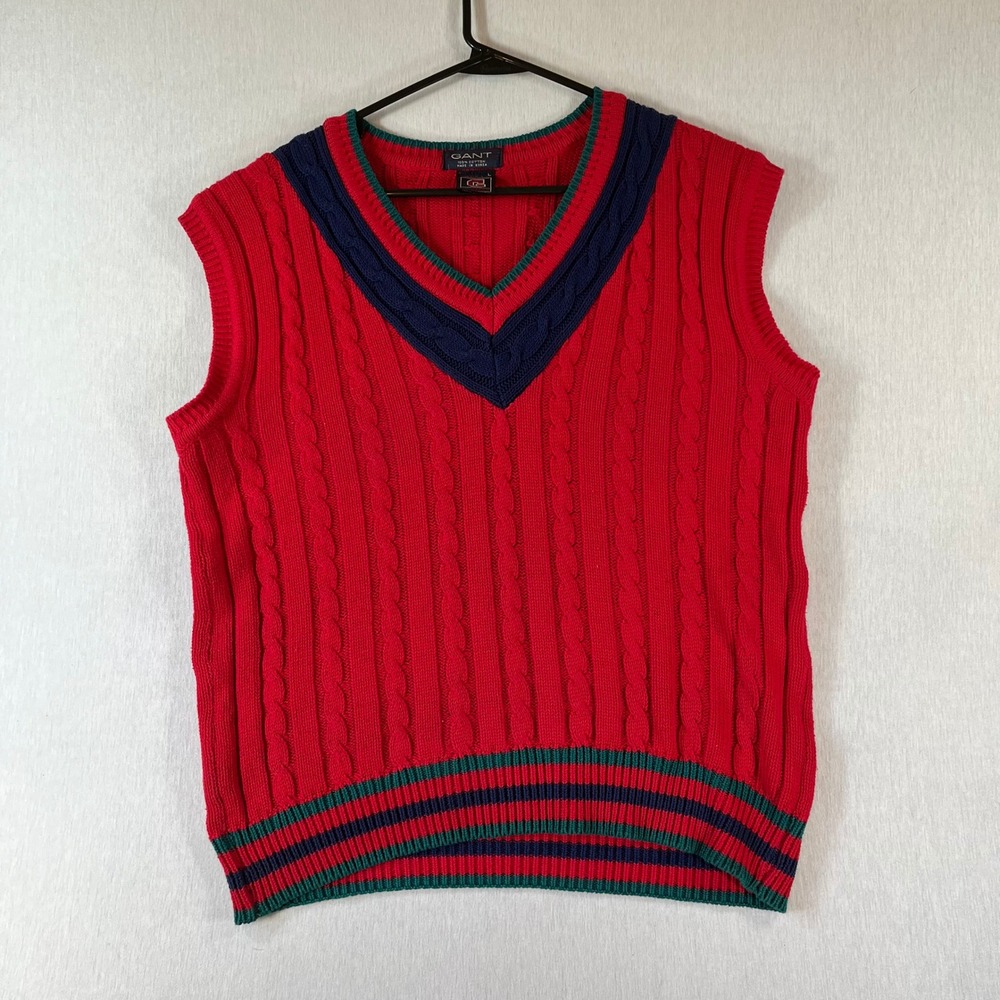 Vintage GANT Sweater Vest Mens L Varsity Red Cable Knit V-Neck Cotton 1990s